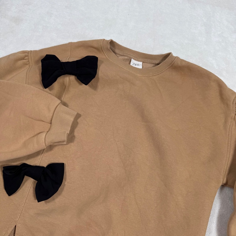 Zara Girl Tan Bow Sweatshirt Puffed Shoulder Fleece Pullover Camel Brown Size 14